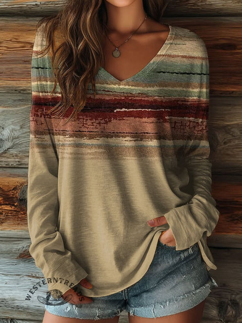 100% Cotton🍃Women's Retro Texture Print Casual V-neck Long Sleeve T-shirt