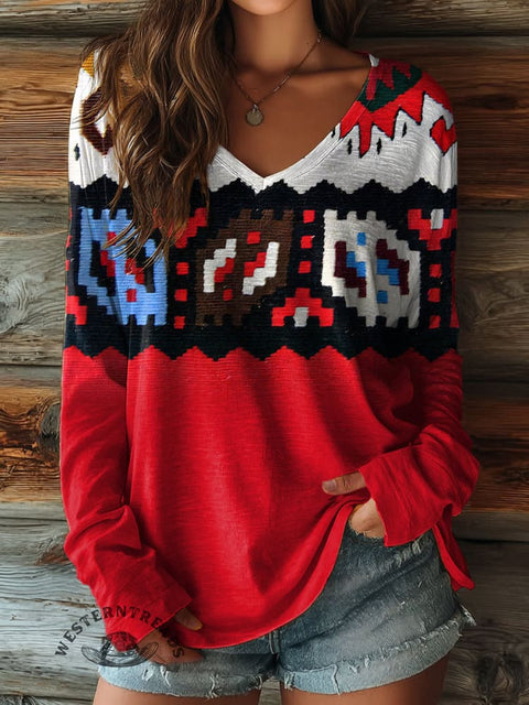 100% Cotton🍃Women's Ethnic Pattern Print Casual V-neck Long Sleeve T-shirt