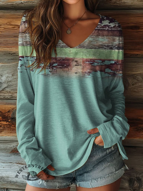 100% Cotton🍃Women's Blue Texture Pattern Print Casual V-neck Long Sleeve T-shirt
