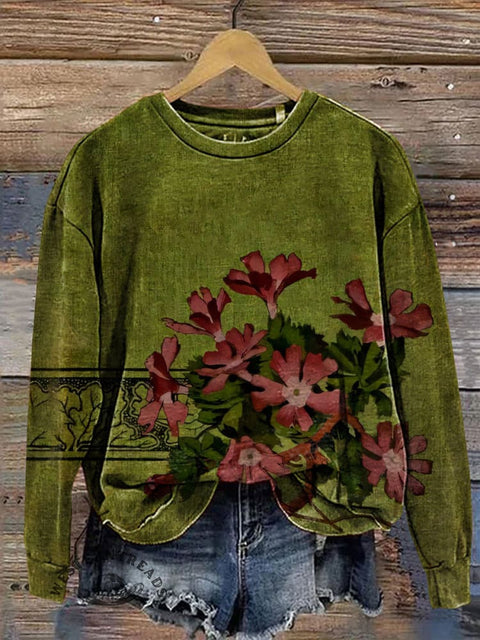 Retro Flower Art Print Casual Cotton Sweatshirt