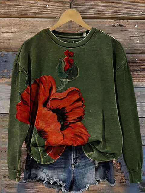 Retro Flower Art Print Casual Cotton Sweatshirt