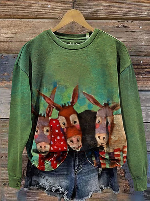 Retro Cute Donkey Art Print Casual Cotton Sweatshirt