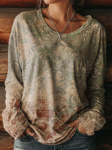Women's Retro Texture Art Print Casual T Shirt