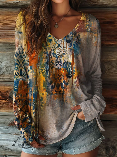 100% Cotton🍃Women's Texture Pattern Art Print Casual V-neck Long Sleeve T-shirt