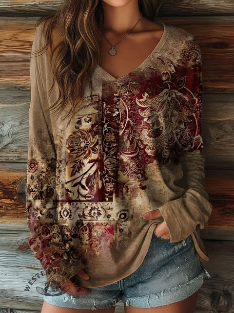 100% Cotton🍃Women's Retro Pattern Art Print Casual V-neck Long Sleeve T-shirt