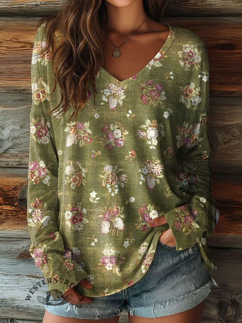 100% Cotton🍃Women's Floral Art Print Casual V-neck Long Sleeve T-shirt