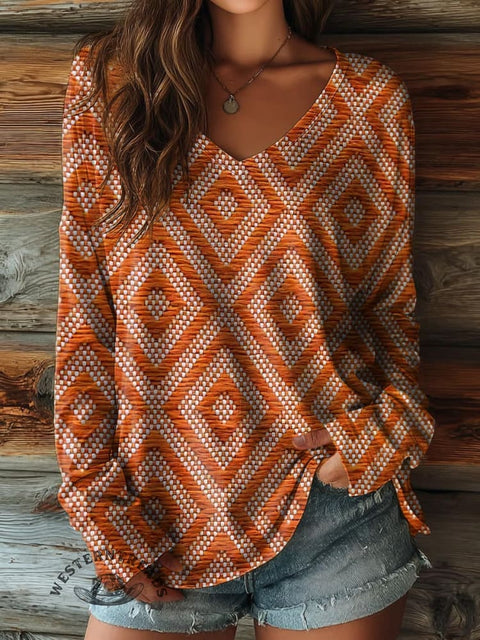 100% Cotton🍃Women's Texture Pattern Art Print Casual V-neck Long Sleeve T-shirt