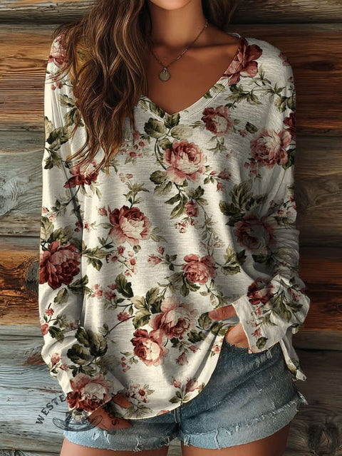 100% Cotton🍃Women's Retro Floral Print Casual V-neck Long Sleeve T-shirt