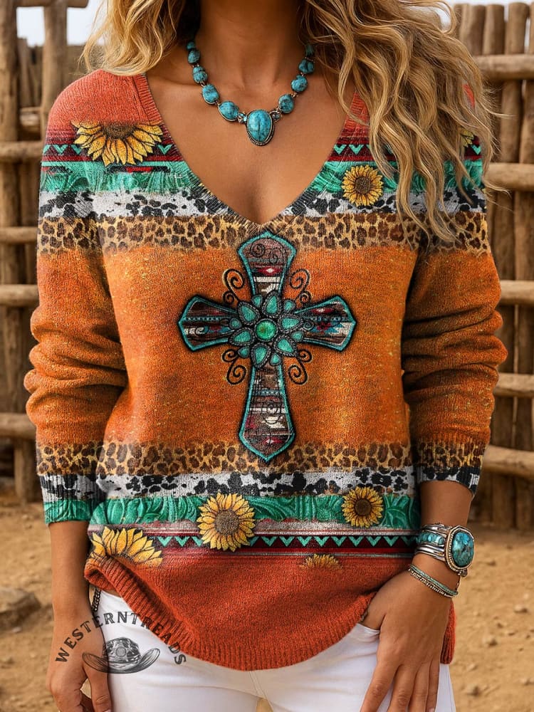 Women's Retro Turquoise Pattern Print Casual Pullover Sweater