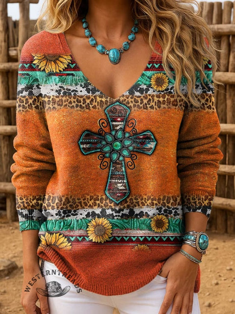 Women's Retro Turquoise Pattern Print Casual Pullover Sweater