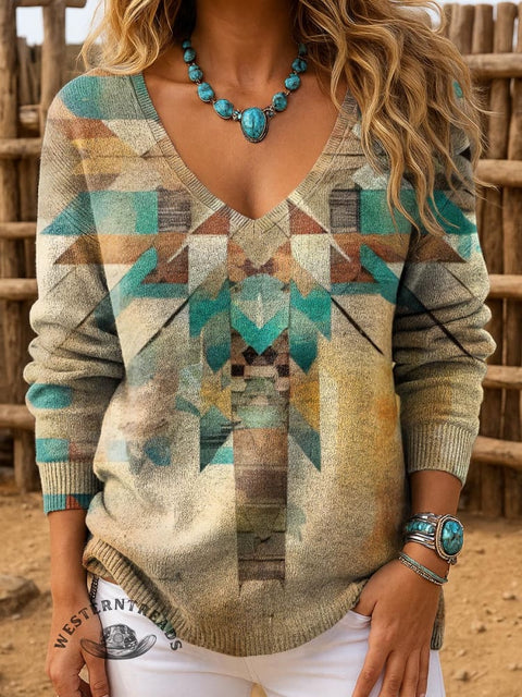 Women's Retro Patern Print Casual Pullover Sweater