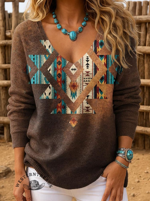 Women's Retro Art Pattern Print Casual Pullover Sweater