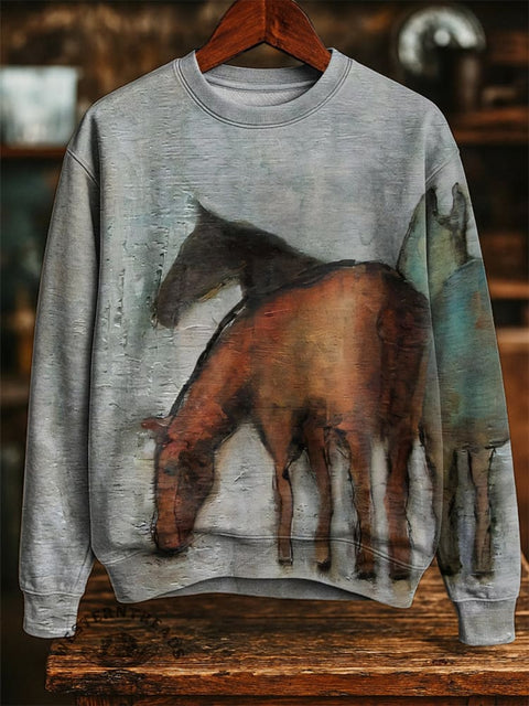 Horse Art Print Casual Cotton Sweatshirt