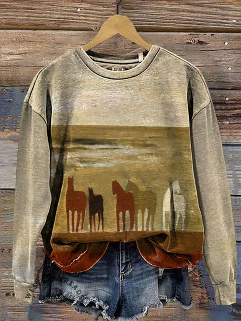 Retro Wild West Horse Print Casual Cotton Sweatshirt