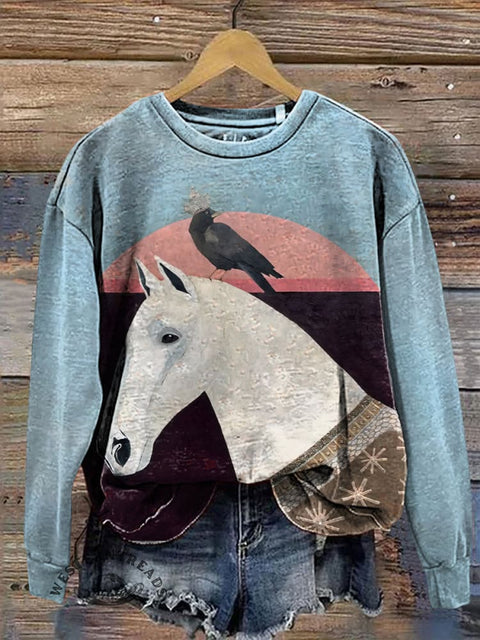 Retro Horse Bird Print Casual Cotton Sweatshirt