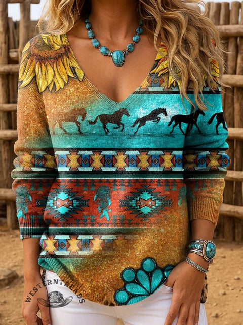 Women's Retro Aztec Horse Art Painting Print Casual Pullover Sweater