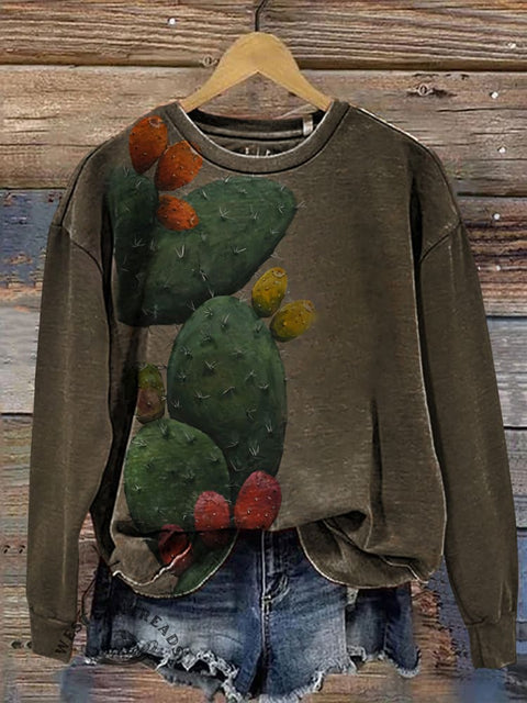 Retro Catcus Print Casual Cotton Sweatshirt