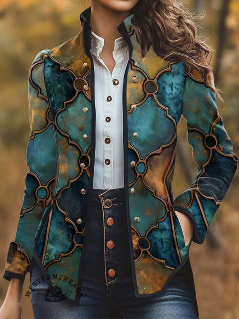 Women's Retro Texture Pattern Print Casual Jacket