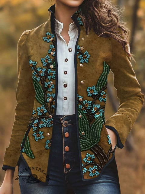 Women's Retro Floral Pattern Print Casual Jacket