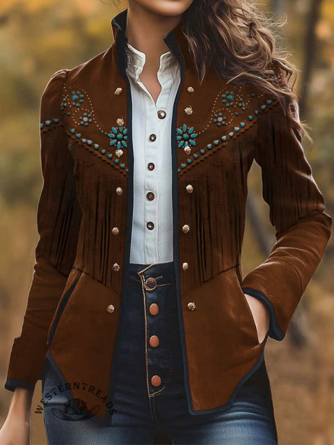 Women's Retro Turquoise Pattern Print Casual Jacket