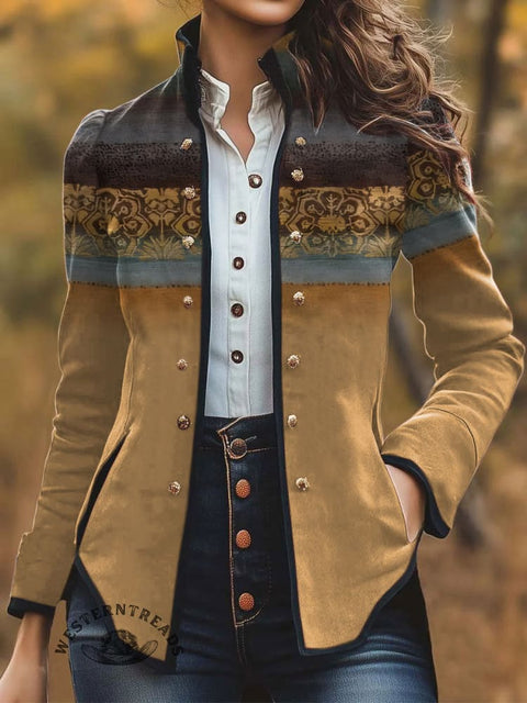 Women's Retro Texture Pattern Print Casual Jacket