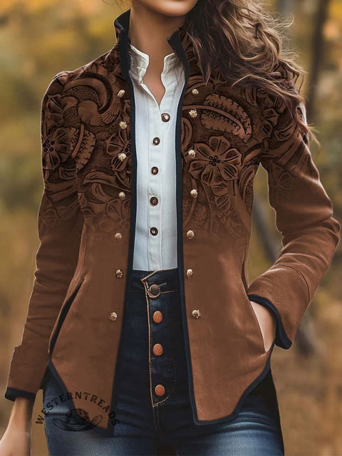 Women's Retro Leather Embossing Pattern Print Casual Jacket
