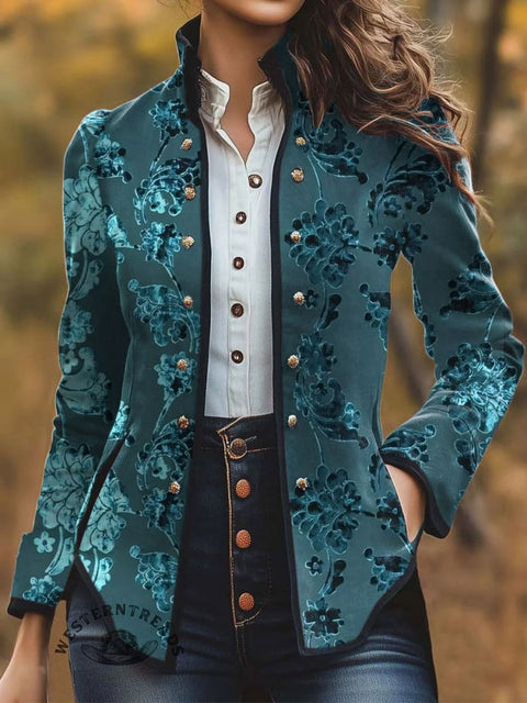 Women's Retro Floral Pattern Print Casual Jacket