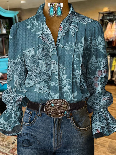 Women's Floral Lace Print Casual  Cotton And Linen Shirt