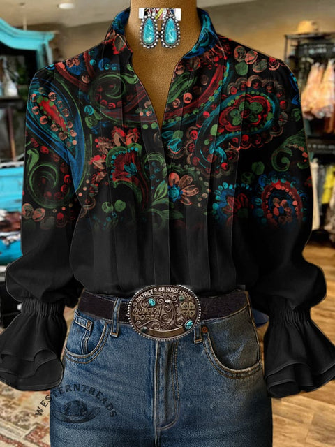 Women's Floral Pattern Print Casual  Cotton And Linen Shirt