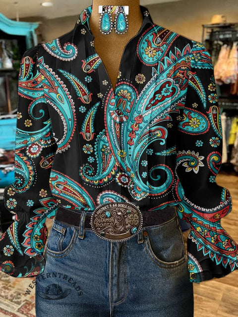 Women's Boho Style Turquoise Print Casual  Cotton And Linen Shirt