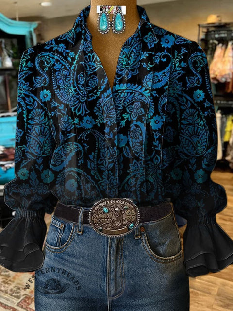 Women's Dark Floral Pattern Print Casual  Cotton And Linen Shirt