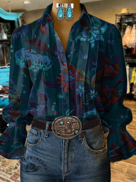 Women's Dark Floral Print Casual  Cotton And Linen Shirt