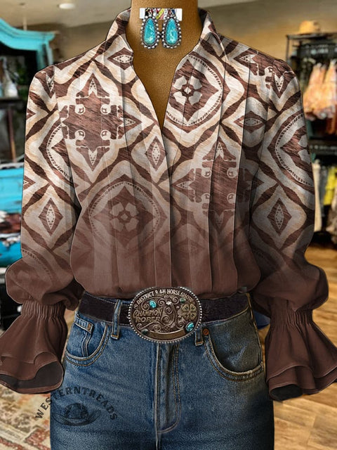 Women's Retro Pattern Print Casual  Cotton And Linen Shirt