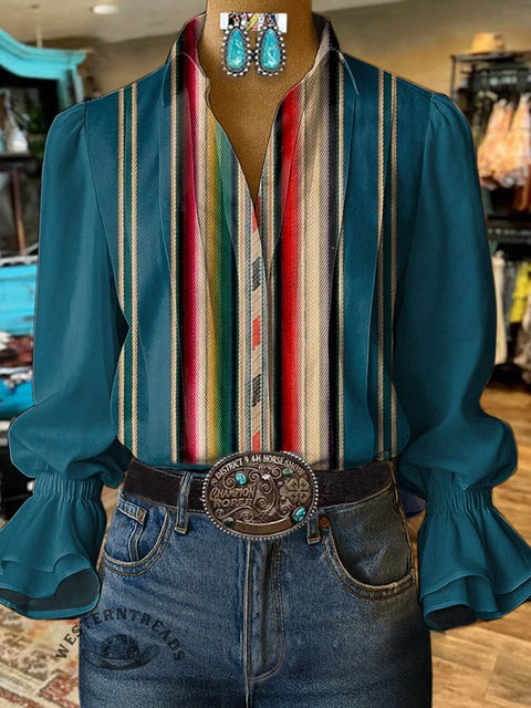 Women's Retro Stripe Print Casual  Cotton And Linen Shirt