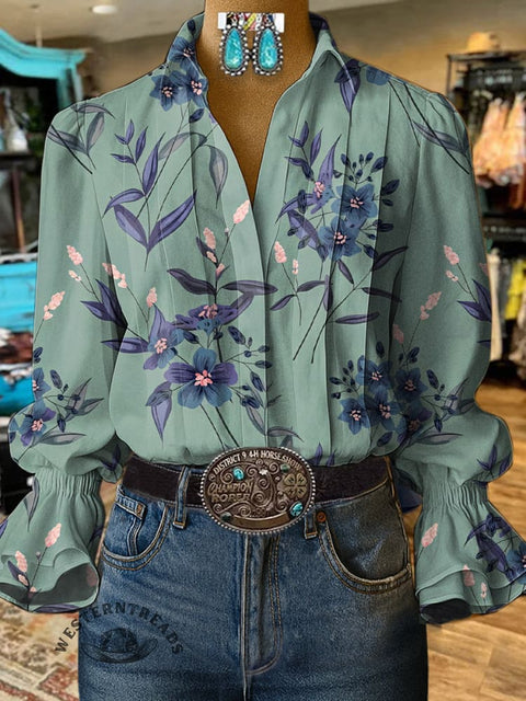 Women's Retro Floral Print Casual  Cotton And Linen Shirt