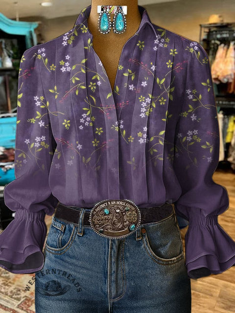 Women's Retro Floral Print Casual  Cotton And Linen Shirt