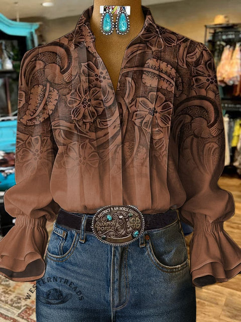 Women's Leather Embossing Pattern Print Casual  Cotton And Linen Shirt