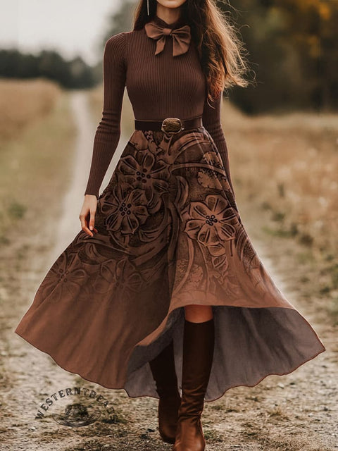 Women's Leather Embossing Pattern Skirt and Long-sleeve Tops Two-Piece Suit