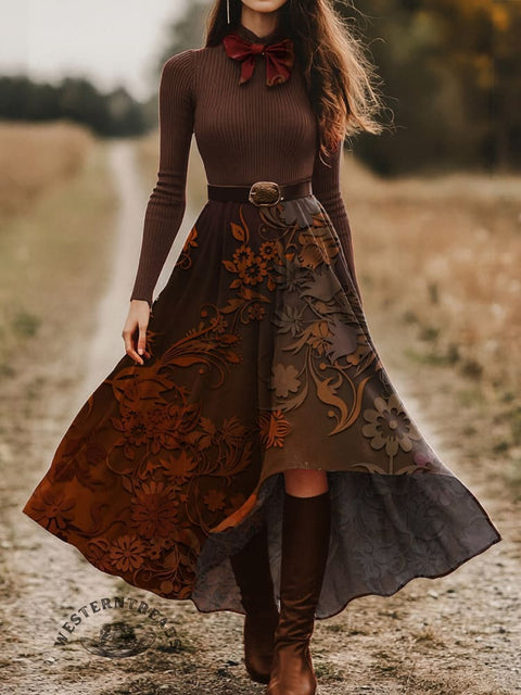 Women's Retro Floral Pattern Skirt and Long-sleeve Tops Two-Piece Suit