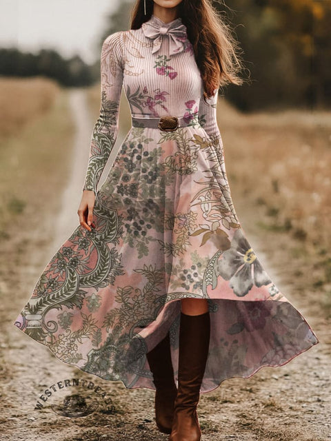 Women's Retro Floral Skirt and Long-sleeve Tops Two-Piece Suit