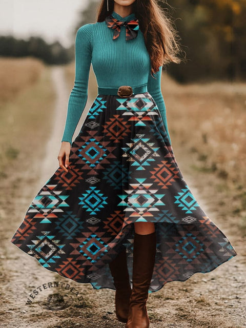 Women's Ethnic Aztec Pattern Skirt and Long-sleeve Tops Two-Piece Suit