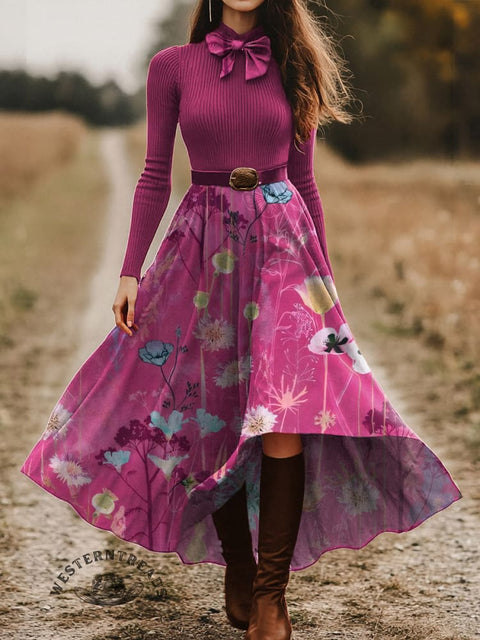 Women's Retro Floral Pattern Skirt and Long-sleeve Tops Two-Piece Suit