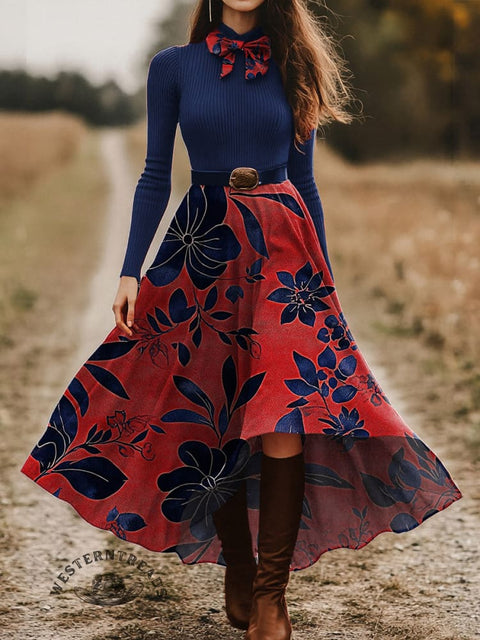 Women's Retro Dark Floral Skirt and Long-sleeve Tops Two-Piece Suit