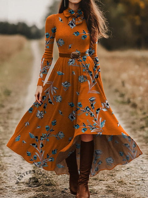 Women's Floral Pattern Skirt and Long-sleeve Tops Two-Piece Suit