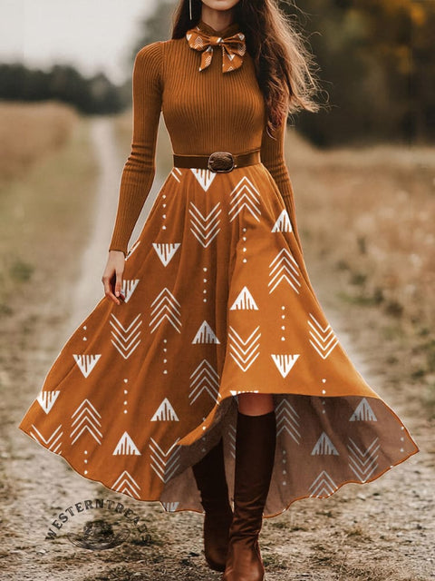 Women's Simple Ethnic Pattern Skirt and Long-sleeve Tops Two-Piece Suit
