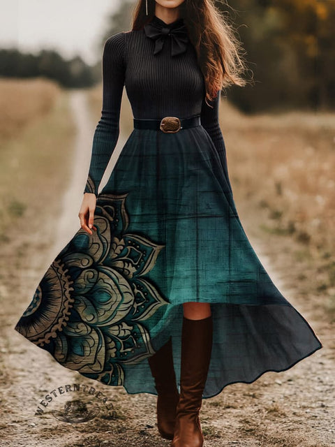 Women's Mandela Pattern Skirt and Long-sleeve Tops Two-Piece Suit