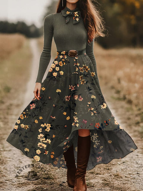 Women's Retro Floral Skirt and Long-sleeve Tops Two-Piece Suit
