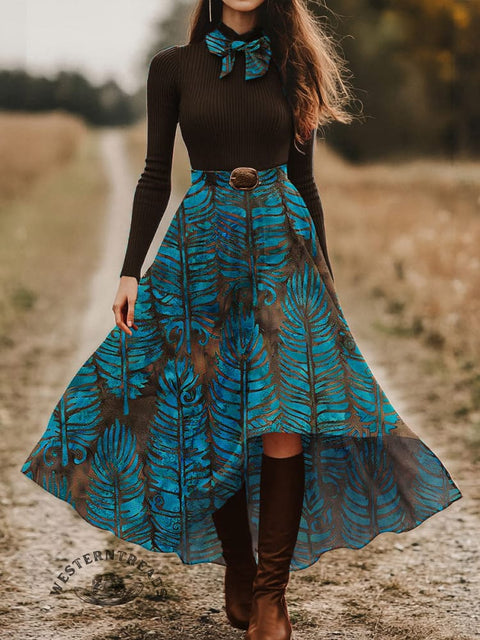 Women's Retro Feather Pattern Skirt and Long-sleeve Tops Two-Piece Suit