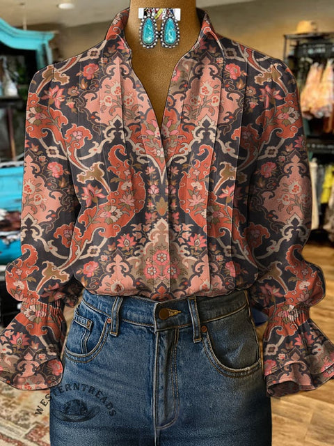 Women's Retro Pattern Print Casual Cotton And Linen Shirt