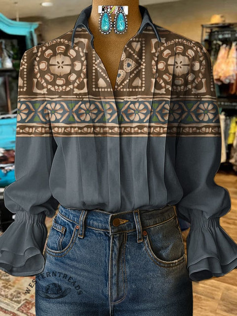 Women's Retro Art Pattern Print Casual Cotton And Linen Shirt